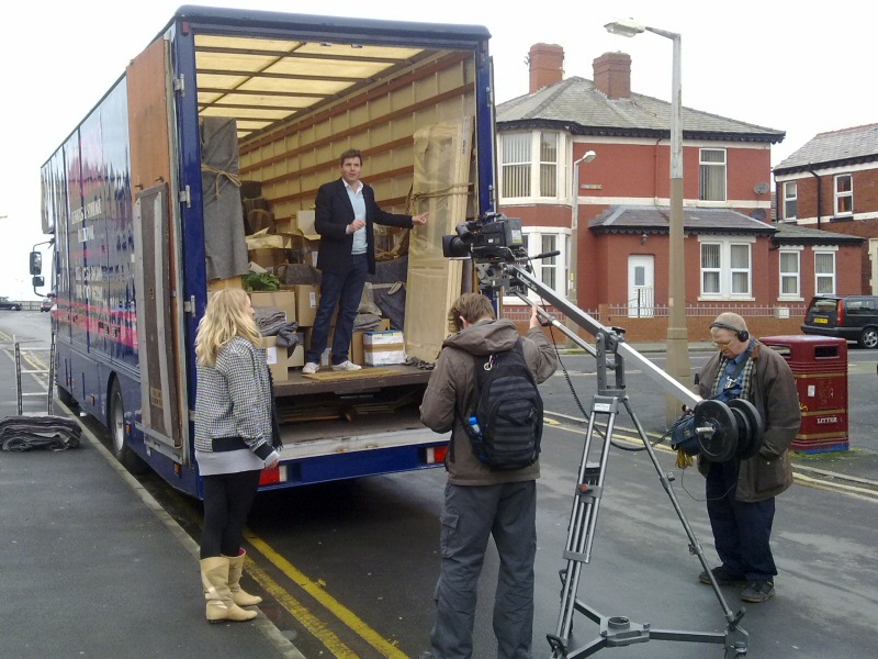 Got an unusual job? Mark Duerden Smith in an Owens van filming the TV show "Gutted" in Blackpool.